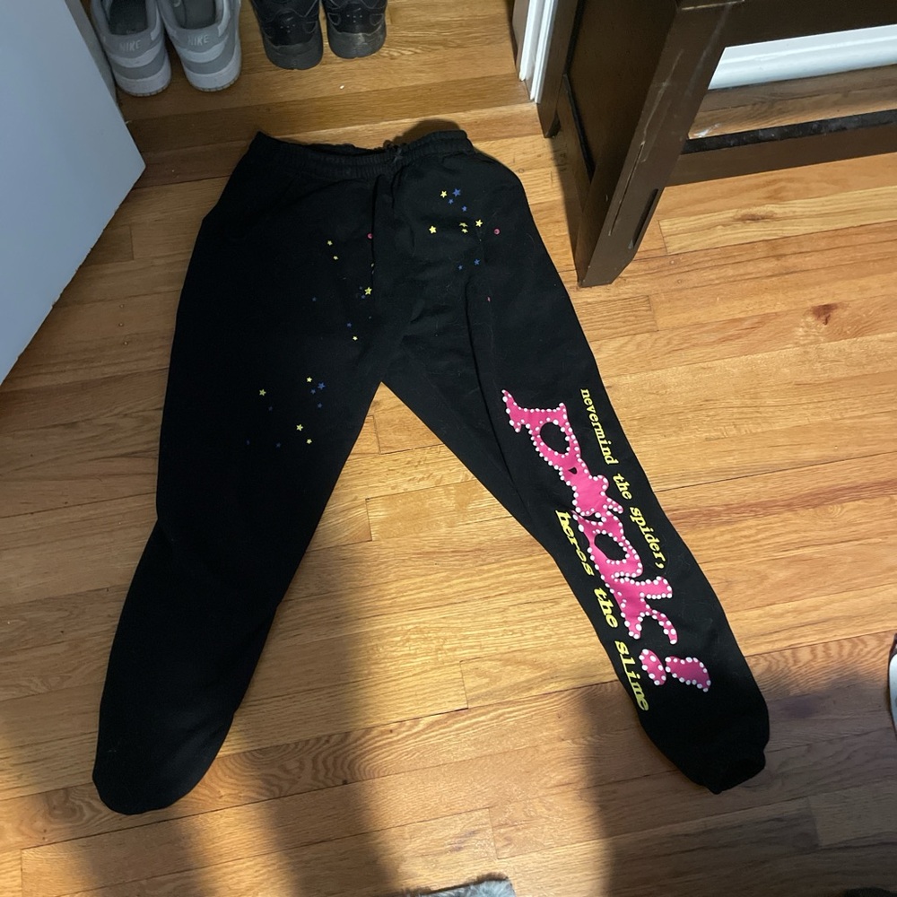 Black and Pink Sweatpants with Graphic Design and Shimmer